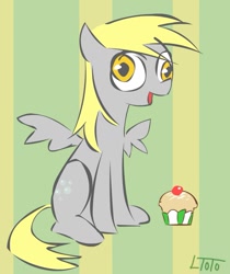 Size: 867x1031 | Tagged: safe, artist:lentoto, character:derpy hooves, species:pegasus, species:pony, g4, abstract background, cupcake, female, happy, mare, paint tool sai, sitting, solo