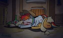 Size: 997x597 | Tagged: dead source, safe, artist:lentoto, character:applejack, character:rainbow dash, species:earth pony, species:pegasus, species:pony, g4, alcohol, barrel, blushing, cider, drunk, drunk aj, drunker dash, female, mare, paint tool sai, sleeping