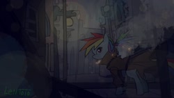 Size: 1920x1080 | Tagged: safe, artist:lentoto, character:rainbow dash, species:pegasus, species:pony, g4, alternate hairstyle, cigarette, city, clothing, female, mare, night, paint tool sai, profile, solo, trenchcoat, wallpaper