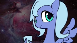 Size: 1920x1080 | Tagged: safe, artist:lentoto, character:princess luna, species:alicorn, species:pony, g4, bust, cute, female, filly, horn, looking at you, mare, portrait, smiling, solo, spread wings, the cosmos, wallpaper, wings, woona