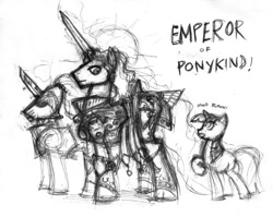 Size: 680x540 | Tagged: safe, artist:sanity-x, character:twilight sparkle, adeptus custodes, crossover, god-emperor of mankind, monochrome, ponified, power armor, power sword, powered exoskeleton, sword, traditional art, warhammer (game), warhammer 30k, warhammer 40k, weapon