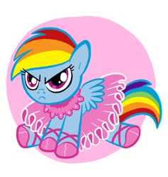 Size: 900x950 | Tagged: safe, artist:shuffle001, character:rainbow dash, angry, ballerina, clothing, cute, dashabetes, female, filly, filly rainbow dash, frown, glare, rainbow dash always dresses in style, rainbowrina, sitting, skirt, solo, tutu, younger
