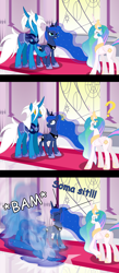 Size: 2174x5000 | Tagged: safe, artist:somashield, character:princess celestia, character:princess luna, oc, oc:soma, species:alicorn, species:pony, armor, castle, collar, comic, crown, curved horn, cutie mark, female, horn, jewelry, male, mare, night guard, regalia, royal sisters, stallion, text, wings