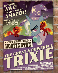 Size: 600x746 | Tagged: safe, artist:shuffle001, character:trixie, species:demon pony, species:pony, species:unicorn, episode:boast busters, g4, my little pony: friendship is magic, brick wall, classic art, female, looking at you, mare, poster, trio, trixie's cape, trixie's hat