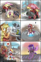 Size: 1400x2100 | Tagged: safe, artist:stupjam, character:applejack, character:big mcintosh, character:fluttershy, character:pinkamena diane pie, character:pinkie pie, character:rainbow dash, character:rarity, character:twilight sparkle, character:twilight sparkle (alicorn), character:zecora, species:alicorn, species:earth pony, species:pegasus, species:pony, species:unicorn, species:zebra, episode:magical mystery cure, g4, my little pony: friendship is magic, bandage, bipedal, cannon, comic, crossbow, crossover, engiejack, engineer, female, fluttermedic, gun, heavy, hooves, horn, knife, liarjack, machine gun, male, mane six, mare, medic, open mouth, optical sight, paper-thin disguise, party cannon, pinkie pyro, rainbow scout, rarispy, rifle, rocket, roof, rubber chicken, scout, scrunchy face, sentry, sniper, sniper rifle, stallion, sunglasses, sword, team fortress 2, teeth, tongue out, twilight snapple, twilight sniper, weapon, wings