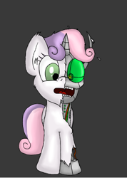 Size: 664x932 | Tagged: safe, artist:deoix, character:sweetie belle, species:pony, species:unicorn, sweetie bot, cute, diasweetes, endoskeleton, female, filly, foal, gray background, hooves, horn, open mouth, robot, robot gore, simple background, solo, teeth