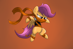 Size: 1500x1000 | Tagged: safe, artist:deoix, character:scootaloo, clothing, female, glare, jumping, ninja, scarf, solo, spread wings, wings