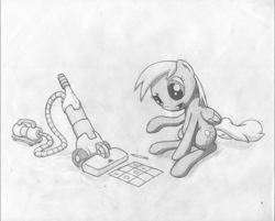 Size: 3135x2525 | Tagged: safe, artist:onsaud, character:derpy hooves, species:pegasus, species:pony, female, mare, monochrome, pencil, pencil drawing, sketch, solo, tic tac toe, traditional art, vacuum cleaner