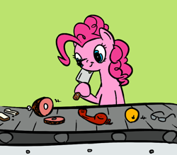 Size: 634x556 | Tagged: safe, artist:onsaud, character:pinkie pie, chopping, cleaver, conveyor belt, female, glasses, knife, lime, mall, meat, phone, solo