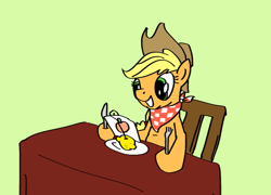 Size: 942x677 | Tagged: safe, artist:onsaud, character:applejack, apple, chair, female, fork, lemon, solo, table