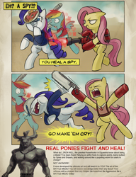 Size: 1200x1560 | Tagged: safe, artist:stupjam, character:fluttershy, character:iron will, character:rainbow dash, species:minotaur, species:pegasus, species:pony, species:unicorn, g4, battle medic, bonesaw, catchphrase, crossover, female, fluttermedic, male, mare, medic, spy, team fortress 2