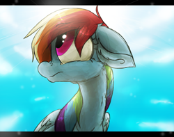 Size: 1040x820 | Tagged: safe, artist:the--cloudsmasher, character:rainbow dash, cloud, cloudy, female, floppy ears, fluffy, frown, looking up, sky, solo, sun, sun glare