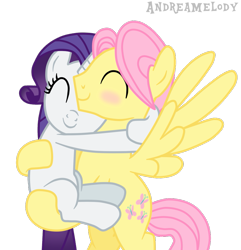 Size: 879x910 | Tagged: safe, artist:andreamelody, character:fluttershy, character:rarity, ship:rarishy, blushing, butterscotch, female, half r63 shipping, hug, male, rule 63, shipping, straight