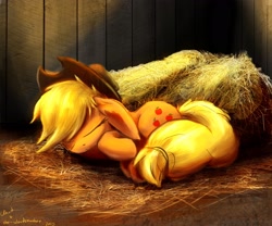 Size: 3000x2500 | Tagged: safe, artist:duh-veed, artist:the--cloudsmasher, character:applejack, barn, cute, eyes closed, female, floppy ears, hay, impossibly large ears, jackabetes, on side, sleeping, solo