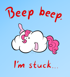 Size: 1128x1236 | Tagged: safe, artist:mr-1, character:pinkie pie, beep beep, cloud, female, how, pinkie being pinkie, pinkie physics, solo, stuck
