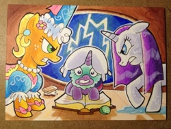 Size: 888x666 | Tagged: safe, artist:shuffle001, character:applejack, character:rarity, character:twilight sparkle, episode:look before you sleep, g4, my little pony: friendship is magic, cucumber, food, froufrou glittery lacy outfit, hennin, mud mask, traditional art