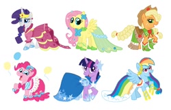 Size: 1004x645 | Tagged: safe, artist:shuffle001, character:applejack, character:fluttershy, character:pinkie pie, character:rainbow dash, character:rarity, character:twilight sparkle, clothing, dress, gala dress, mane six, simple background