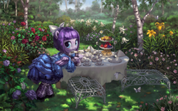 Size: 1920x1200 | Tagged: safe, artist:stupjam, oc, oc only, oc:lulu belle, species:pony, bow, butterfly, cake, chair, clothing, cup, dress, female, flower, food, garden, looking at you, mare, outdoors, sandwich, saucer, scenery, scenery porn, solo, table, tablecloth, tea, tea party, teapot, tree