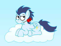 Size: 1024x767 | Tagged: safe, artist:sketchymouse, character:soarin', bedroom eyes, cloud, looking at you, male, mouth hold, rose, solo