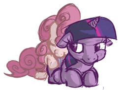 Size: 255x188 | Tagged: safe, artist:untiltheballoons, character:pinkie pie, character:twilight sparkle, ship:twinkie, annoyed, cuddling, drool, eye twitch, eyes closed, female, floppy ears, lesbian, prone, shipping, sleeping, smiling, snuggling