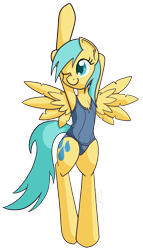 Size: 1161x2033 | Tagged: safe, artist:jade meteor, character:sunshower raindrops, species:pony, bipedal, chest fluff, clothing, female, one-piece swimsuit, semi-anthro, solo, swimsuit