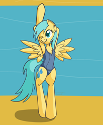 Size: 1280x1558 | Tagged: safe, artist:jade meteor, character:sunshower raindrops, species:pony, bipedal, chest fluff, clothing, female, one-piece swimsuit, school swimsuit, semi-anthro, simple background, solo, sukumizu, swimsuit, wink