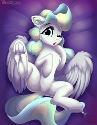 Size: 2698x3500 | Tagged: safe, artist:airfly-pony, character:vapor trail, species:pegasus, species:pony, g4, bed, cute, female, fluffy, frog (hoof), hooves, legs, looking at you, mare, night, one eye closed, open mouth, patreon, patreon exclusive, patreon logo, shy, solo, spread legs, spreading, underhoof, wings