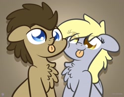 Size: 3250x2560 | Tagged: safe, artist:kimjoman, character:derpy hooves, character:doctor whooves, character:time turner, species:earth pony, species:pegasus, species:pony, ship:doctorderpy, g4, blep, brown background, chest fluff, cute, derpabetes, doctorbetes, female, male, mare, shipping, silly, silly pony, simple background, sitting, stallion, straight, tongue out