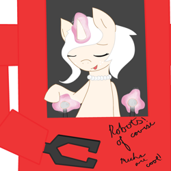 Size: 2700x2700 | Tagged: safe, artist:ivorylace, oc, oc only, oc:ivory lace, species:pony, species:unicorn, ask, mech, mech suit, robots, short hair, solo, tumblr