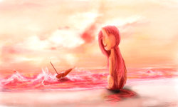 Size: 1800x1080 | Tagged: safe, artist:nettrip, character:fluttershy, beach, female, solo, umbrella, water, wave
