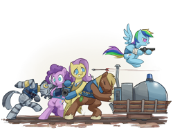 Size: 1024x799 | Tagged: safe, artist:stupjam, character:big mcintosh, character:fluttershy, character:pinkie pie, character:rainbow dash, character:zecora, species:earth pony, species:pegasus, species:pony, species:zebra, demoman, female, heavy mac, heavy weapons guy, male, mare, medic, medigun, pyro, scout, stallion, team fortress 2