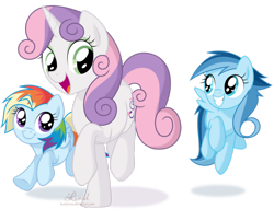 Size: 1024x784 | Tagged: dead source, safe, artist:kumkrum, character:sweetie belle, oc, oc:ragtag, oc:shooting star, parent:rainbow dash, parent:soarin', parents:soarindash, filly, foal, foalsitter, offspring, simple background, transparent background