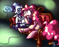 Size: 1280x1024 | Tagged: safe, artist:rastaquouere69, character:pinkie pie, character:rarity, ship:raripie, female, gamer pinkie, lesbian, rarigamer, shipping, video game