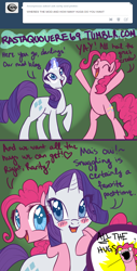Size: 972x1920 | Tagged: safe, artist:rastaquouere69, character:pinkie pie, character:rarity, ship:raripie, ask, ask rarity and pinkie, blushing, female, hug, lesbian, shipping, tumblr