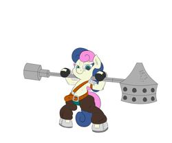 Size: 979x816 | Tagged: safe, artist:deoix, character:bon bon, character:sweetie drops, species:pony, belt, berserker, bipedal, clothing, female, gloves, hammer, solo, warrior, weapon