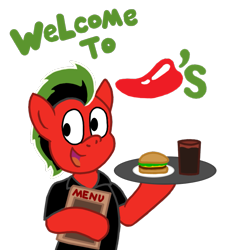 Size: 875x938 | Tagged: safe, artist:sketchymouse, oc, oc only, burger, chili's, drink, hamburger, menu, pepper, plate, ponified, restaurant, sandwich, solo, waiter