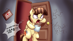 Size: 1920x1080 | Tagged: safe, artist:tadashi--kun, character:wild fire, angry, bloodshot eyes, coffee, cracks, dexterous hooves, door, female, morning ponies, rage, solo