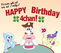 Size: 1752x1518 | Tagged: safe, artist:sketchymouse, character:alula, character:pluto, character:princess erroria, oc, oc:tracy cage, species:alicorn, /mlp/, 4chan, 4chan party hat, cake, moot, pluto, ponified