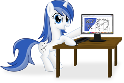 Size: 1090x733 | Tagged: safe, artist:psyxofthoros, oc, oc only, species:pony, species:unicorn, .svg available, computer, female, inkscape, mare, mascot, simple background, solo, table, transparent background, vector