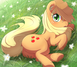 Size: 898x784 | Tagged: safe, artist:aymint, character:applejack, species:earth pony, species:pony, blushing, clothing, cute, dock, female, flower, grass, hat, jackabetes, looking at you, loose hair, mare, on side, plot, solo, underhoof, unshorn fetlocks