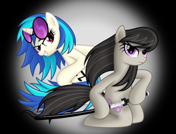 Size: 7479x5704 | Tagged: safe, artist:psyxofthoros, character:dj pon-3, character:octavia melody, character:vinyl scratch, species:earth pony, species:pony, species:unicorn, .svg available, absurd resolution, blade, cutie mark, female, hooves, horn, incorrect leg anatomy, mare, smiling, sunglasses, sword, teeth, vector, weapon