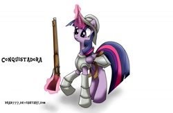 Size: 1027x671 | Tagged: safe, artist:brab777, character:twilight sparkle, character:twilight sparkle (alicorn), species:alicorn, species:pony, armor, conquistador, female, gun, magic, mare, musket, solo, spanish, translated in the comments
