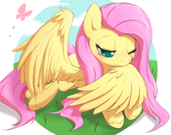 Size: 1118x881 | Tagged: safe, artist:aymint, character:fluttershy, species:pegasus, species:pony, blushing, cute, female, grass, grooming, mare, one eye closed, partial background, preening, shyabetes, solo