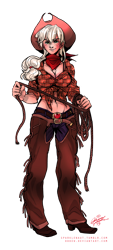 Size: 794x1754 | Tagged: safe, artist:ddhew, character:applejack, species:human, bandana, belly button, breasts, busty applejack, chaps, cleavage, female, front knot midriff, humanized, light skin, midriff, rope, simple background, solo