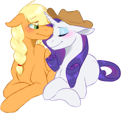 Size: 543x506 | Tagged: safe, artist:the-chibster, character:applejack, character:rarity, species:earth pony, species:pony, species:unicorn, ship:rarijack, accessory swap, blushing, clothing, cowboy hat, eyes closed, female, hat, lesbian, mare, shipping, simple background, smiling, stetson, transparent background