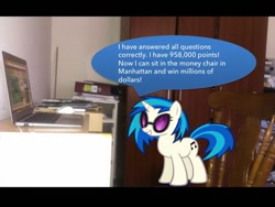 Size: 600x450 | Tagged: safe, artist:j4lambert, character:dj pon-3, character:vinyl scratch, chair, computer, female, game, leaderboard, mac os x, macbook air, million second quiz, money, nbc, online, show, solo