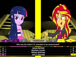Size: 600x450 | Tagged: safe, artist:j4lambert, character:sunset shimmer, character:twilight sparkle, my little pony:equestria girls, abraham lincoln, american presidents, assassination, game, gameshow, james garfield, john f. kennedy, mckinley, million second quiz, nbc, president, round, show, text, tiebreaker, william, william mckinley