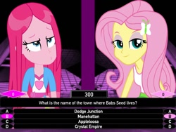Size: 720x540 | Tagged: safe, artist:j4lambert, character:babs seed, character:fluttershy, character:pinkamena diane pie, character:pinkie pie, my little pony:equestria girls, game, hair, manehattan, million, million second quiz, msq, nbc, ponyville, quiz, second, seed, show, trivia, wet