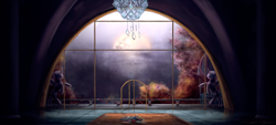 Size: 1800x810 | Tagged: safe, artist:nettrip, character:princess celestia, chandelier, female, in the distance, interior, moon, solo