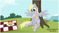 Size: 1800x1012 | Tagged: safe, artist:isegrim87, character:derpy hooves, character:dinky hooves, species:pegasus, species:pony, crying, equestria's best mother, female, mare, muffin, picnic